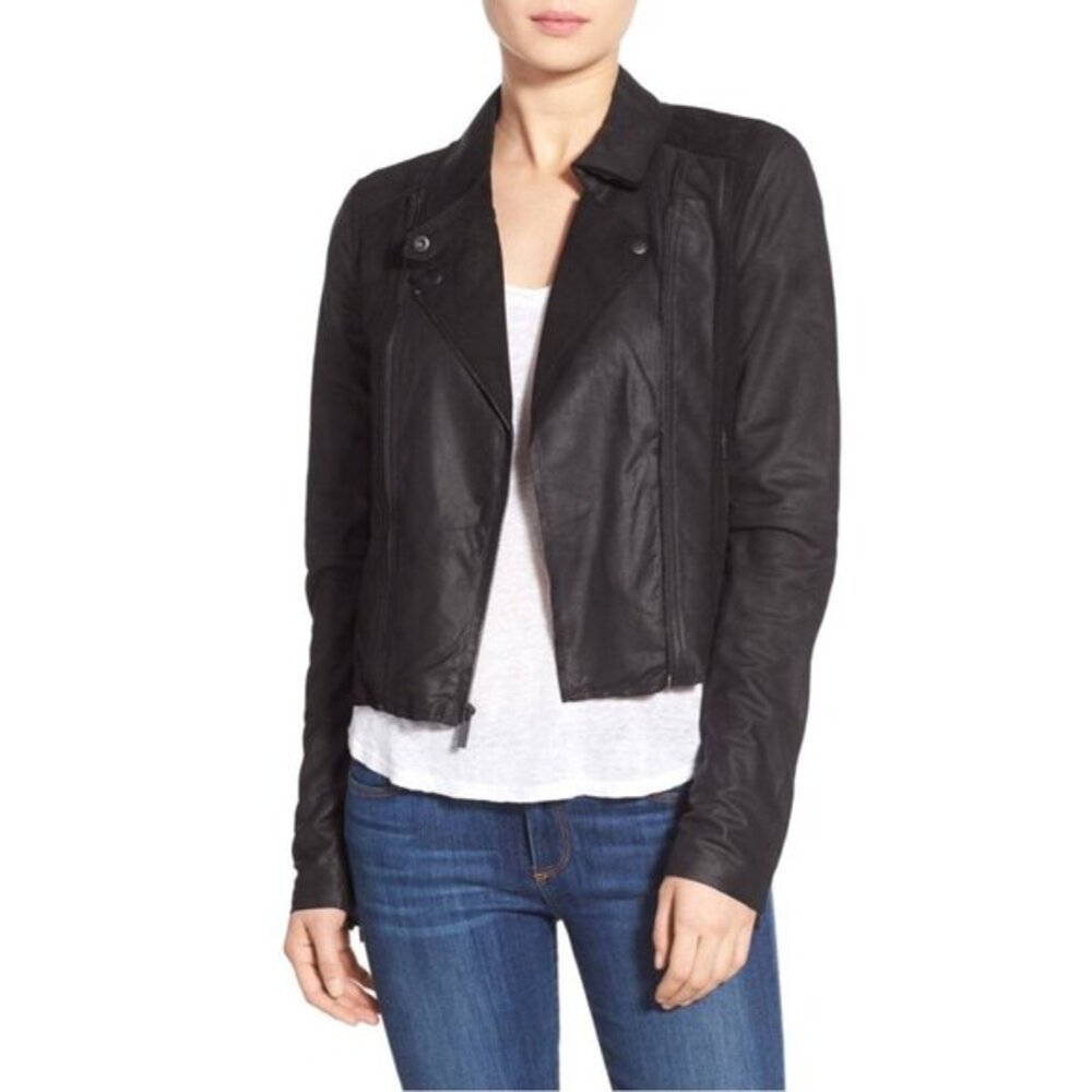 Paige Silvie Leather Moto Jacket Cropped Trim Black Suede Leather Sz L New